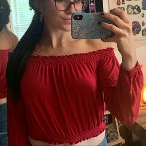 red off the shoulder top w/runched top&bottom